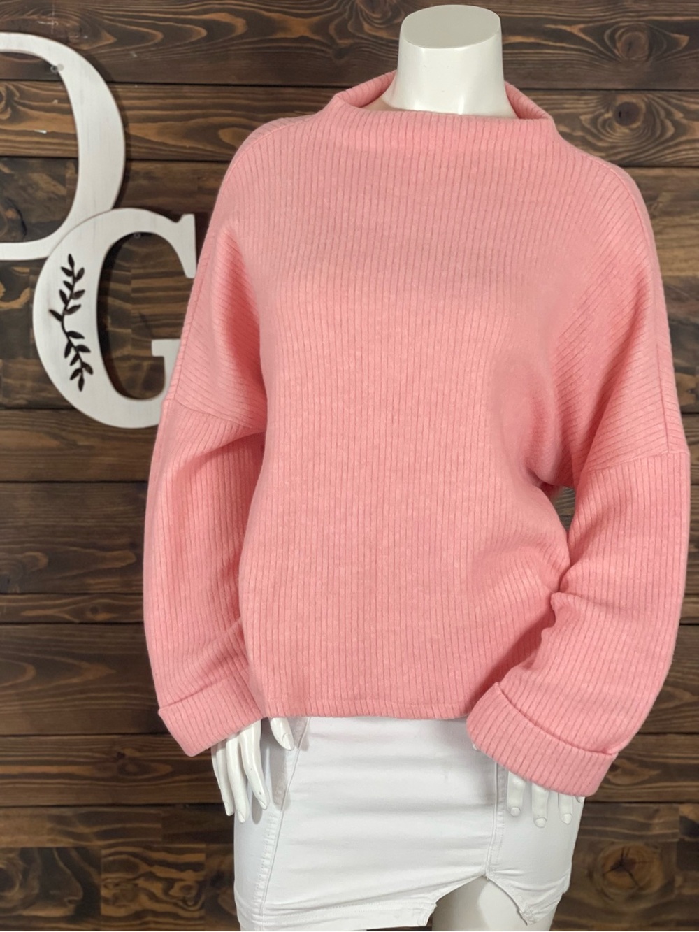 H&M Mock Neck Relaxed Rib-Knit Crewneck Sweater Bubblegum Pink Soft‎ Rolled Cuff